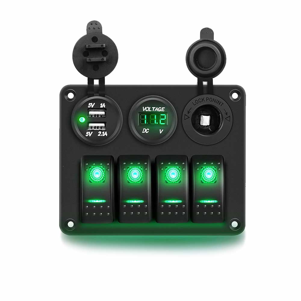 Car Yacht Switch Panel with 4 Gang Combination Voltmeter Dual USB Cigarette Lighter Green Backlight