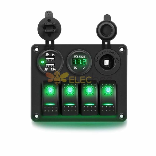 Car Yacht Switch Panel with 4 Gang Combination Voltmeter Dual USB Cigarette Lighter Green Backlight