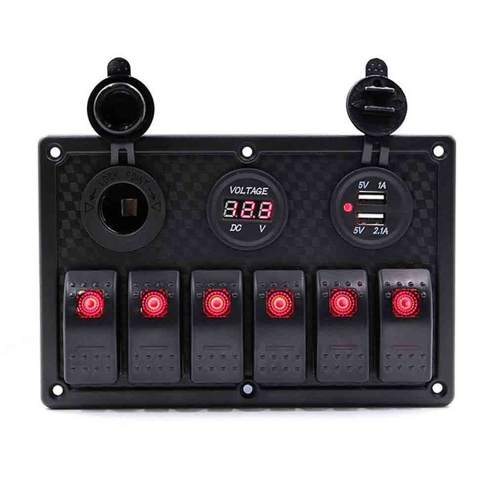 6개의 로커 버튼이 있는 자동차 요트 스위치 패널 듀얼 USB 충전기 전압계 빨간색 LED DC12 24V