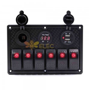 Painel de interruptor de iate de carro com 6 botões basculantes Carregador USB duplo Voltímetro LED vermelho DC12 24V