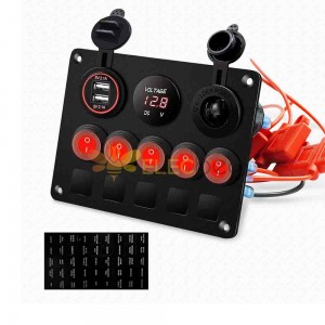 Caravan Yacht Switch Panel with 5 Cat Eye Toggle Switches Dual USB Ports Waterproof Cigarette Lighter Red LED