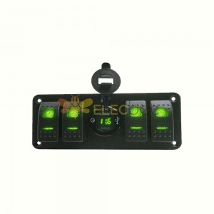 Dual-USB-QC3.0-Autoladegerät, 4 Schalter, bootförmiges Panel, Spannungsanzeige, Auto-Leistungsregler – grüne Hintergrundbeleuchtung