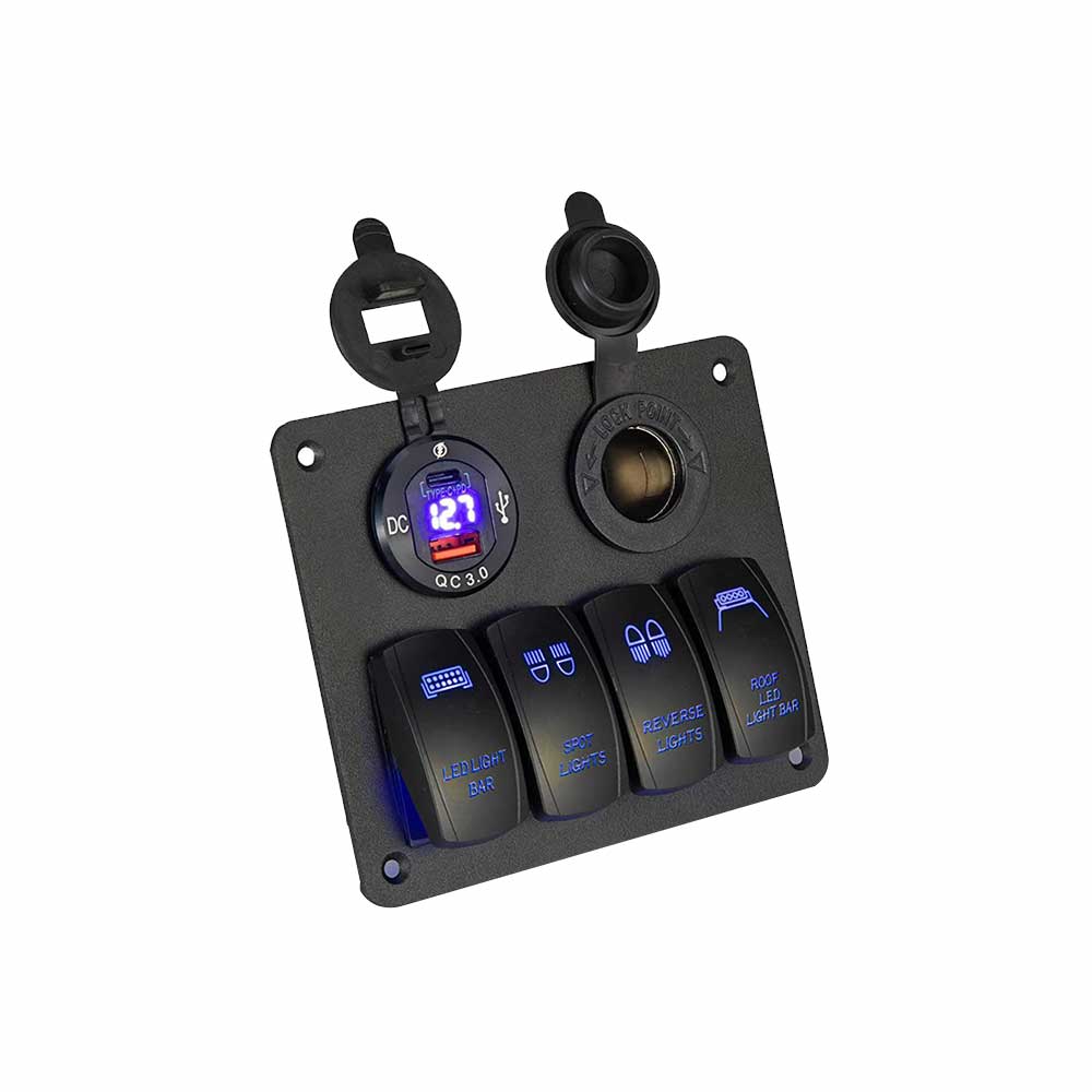 Marine 4-Gang-Wippschalter-Panel-Kombination mit QC+PD-Aluminiumlegierung, blaues LED-Display, Zigarettenanzünder-Buchse, 12–24 V