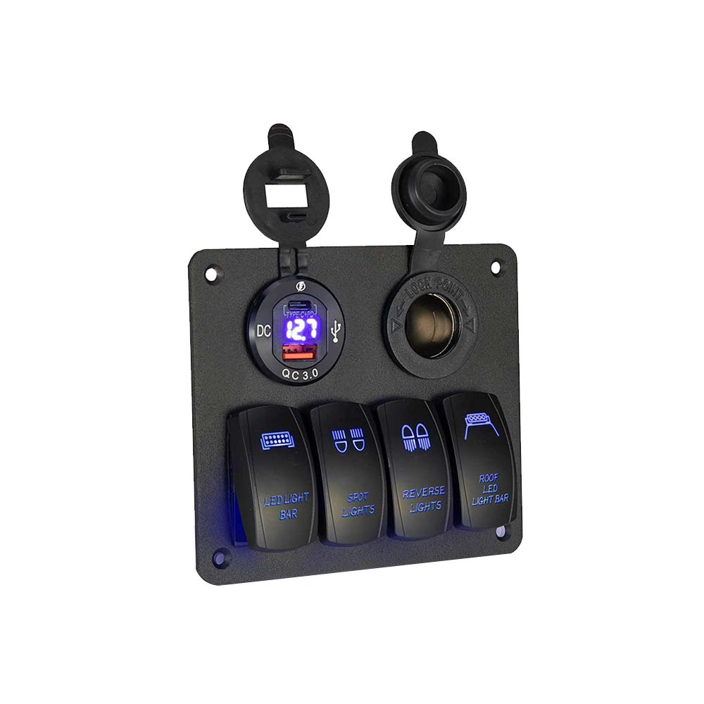 Marine 4-Gang-Wippschalter-Panel-Kombination mit QC+PD-Aluminiumlegierung, blaues LED-Display, Zigarettenanzünder-Buchse, 12–24 V