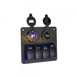 Marine 4 Gang Rocker Switch Panel Combo with QC+PD Aluminum Alloy Blue LED Display Cigarette Lighter Socket 12-24V