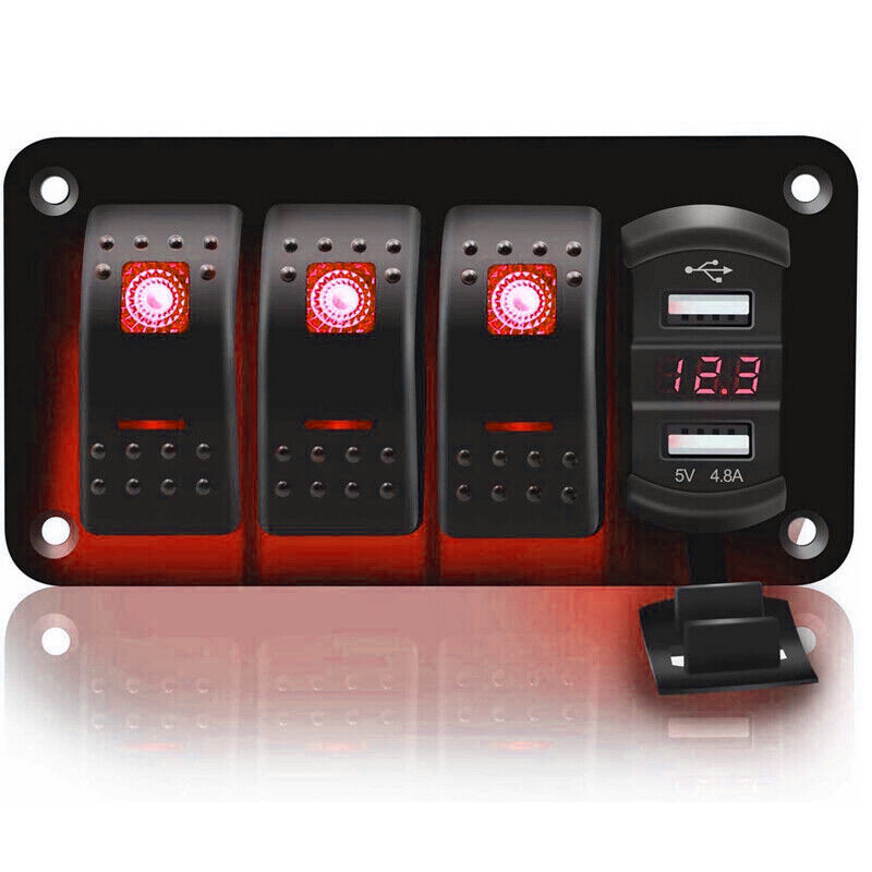 Marine Automotive Power Control Panel 3 Gang Switch with Dual USB Ports Red LED