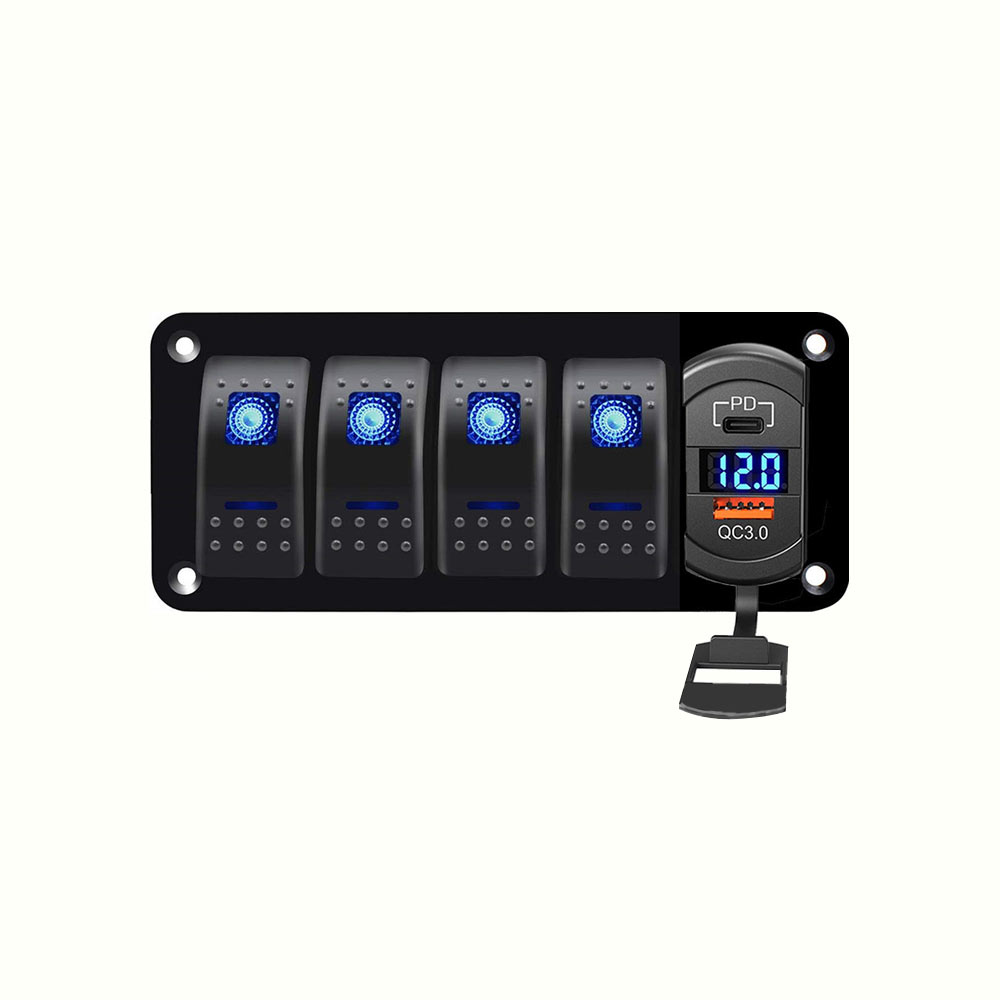 Marine RV Rocker Style 4 Gang Switch Panel, QC+PD Çift USB Hızlı Şarj DC12-24V - Mavi Işık