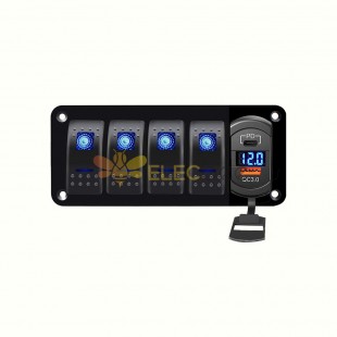Marine RV Rocker Style Panel de interruptores de 4 bandas con QC + PD Dual USB Carga rápida DC12-24V - Luz azul
