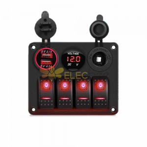 Marine Style Panel Switch with 4 Way Combination Dual USB Charger Cigarette Lighter for Vehicles Red LED