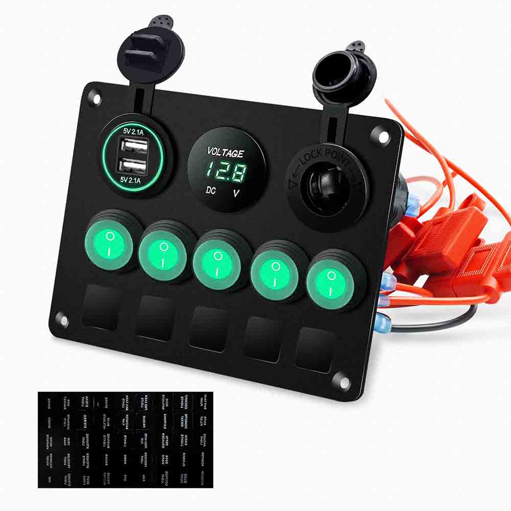 Painel de interruptores marítimos com 5 interruptores tipo olho de gato, carregador USB duplo, medidor de tensão, isqueiro à prova d\'água, luz de fundo verde