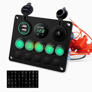 Painel de interruptores marítimos com 5 interruptores tipo olho de gato, carregador USB duplo, medidor de tensão, isqueiro à prova d'água, luz de fundo verde