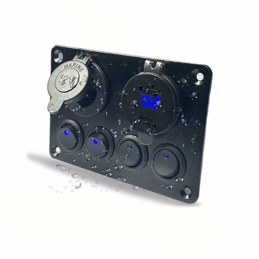 Rocker Switch Panel 4 Gang Control Switch Dual USB Voltmeter QC3.0+PD Fast Charging Cigarette Lighter Power Blue Light