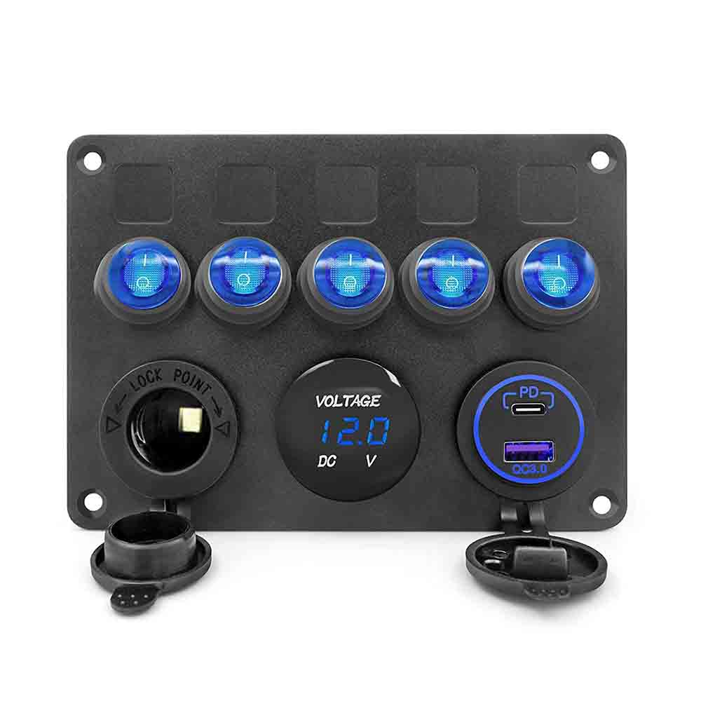 RV Yacht Switch Upgrade 5 Gang Cat Eye Rocker Switch Panel com Dual USB Voltage Display PD3.0 Fast Charge Isqueiro - Luz Azul