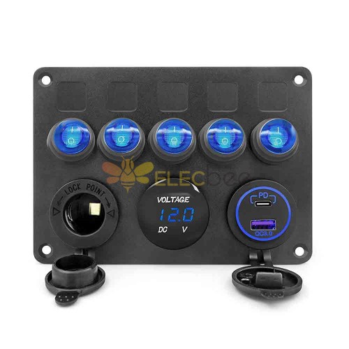 RV Yacht Switch Upgrade 5 Gang Cat Eye Rocker Switch Panel com Dual USB Voltage Display PD3.0 Fast Charge Isqueiro - Luz Azul