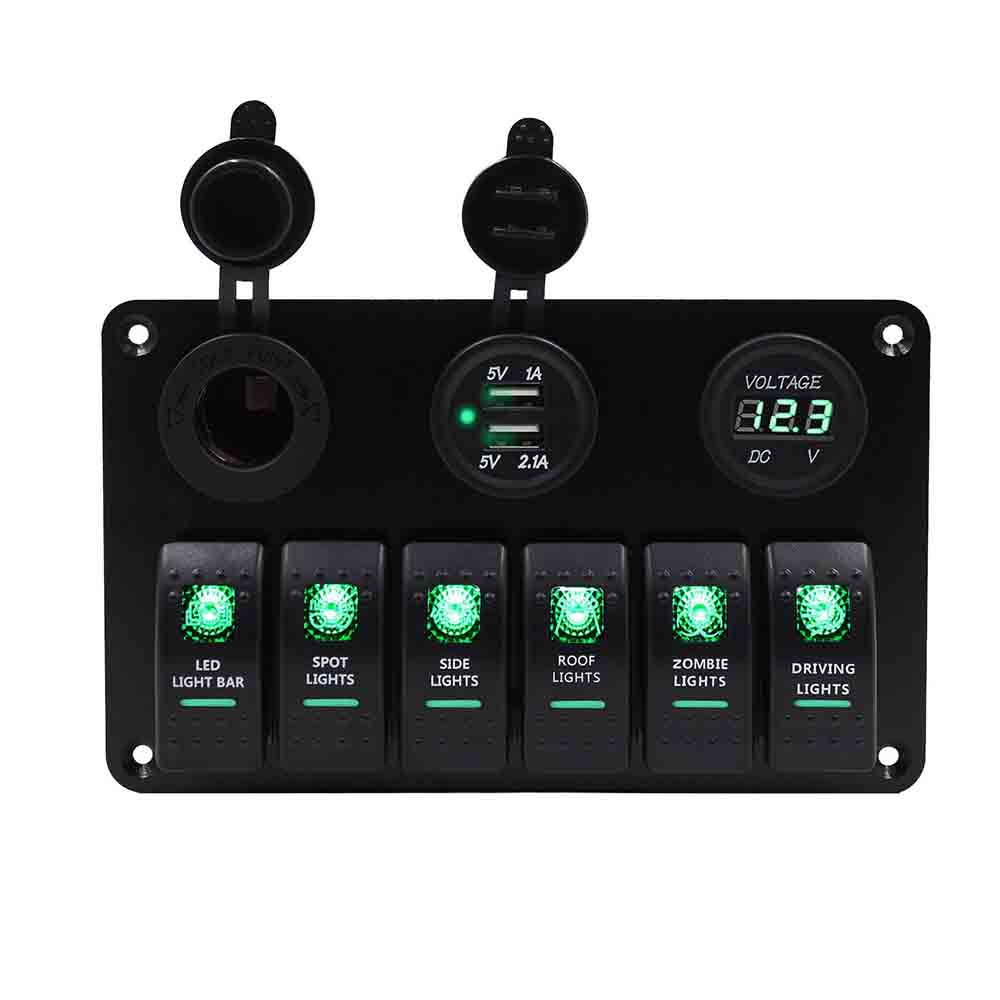 Painel de interruptores para uso de barco marítimo automotivo com 6 interruptores de grupo Portas USB duplas Medidor de tensão DC12 24V Isqueiro LED verde