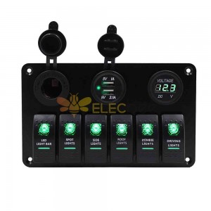 Switch Panel for Automotive Marine Boat Use with 6 Gang Switches Dual USB Ports Voltage Gauge DC12 24V Cigarette Lighter Green LED