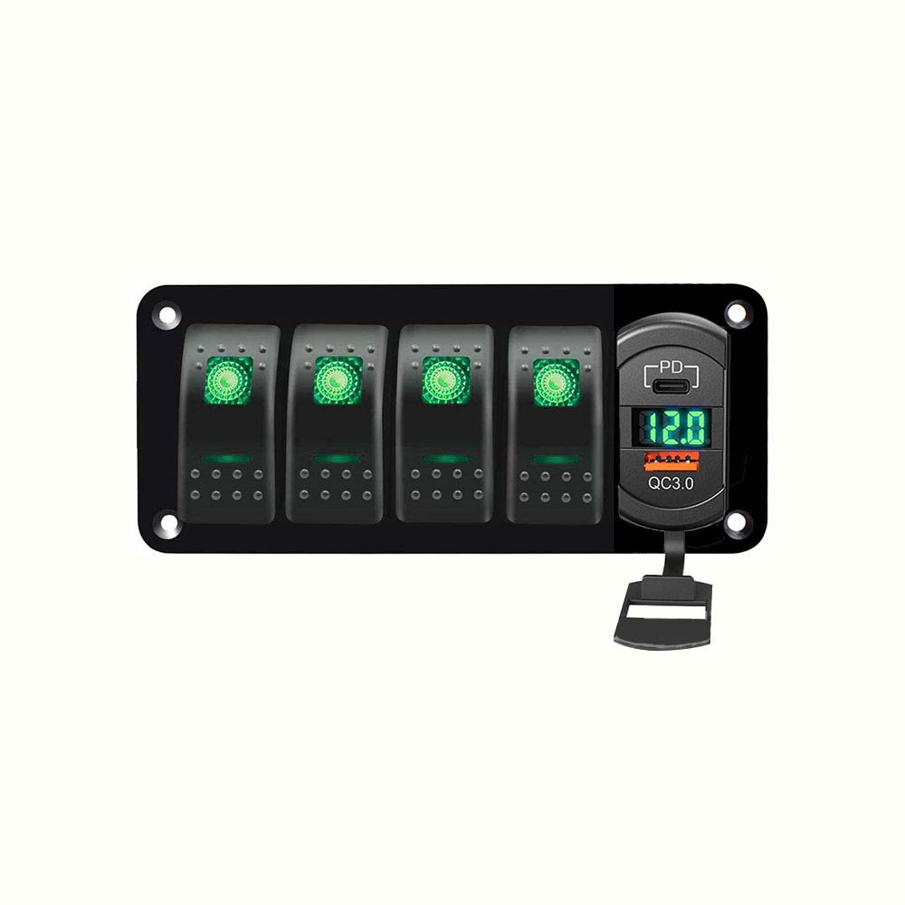 Upgrade for Buses Boats: Rocker Type 4 Gang Combination Switch Panel QC+PD Dual USB Fast Charging DC12-24V -Green Light