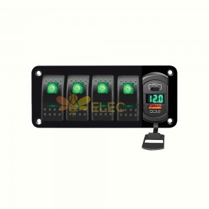 Upgrade for Buses Boats: Rocker Type 4 Gang Combination Switch Panel QC+PD Dual USB Fast Charging DC12-24V -Green Light