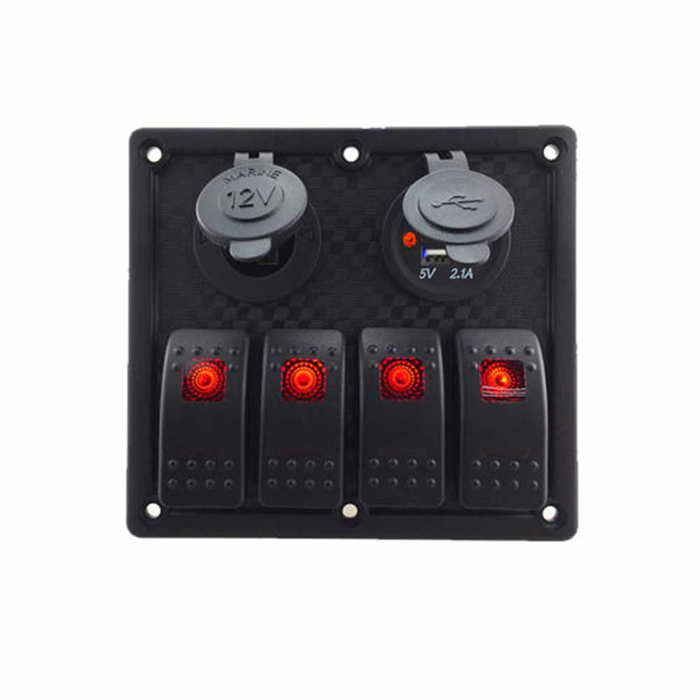 Waterproof 4 Gang Combination Panel Switch with Dual USB Car Charger Cigarette Lighter Socket for Caravans Boats Red LED