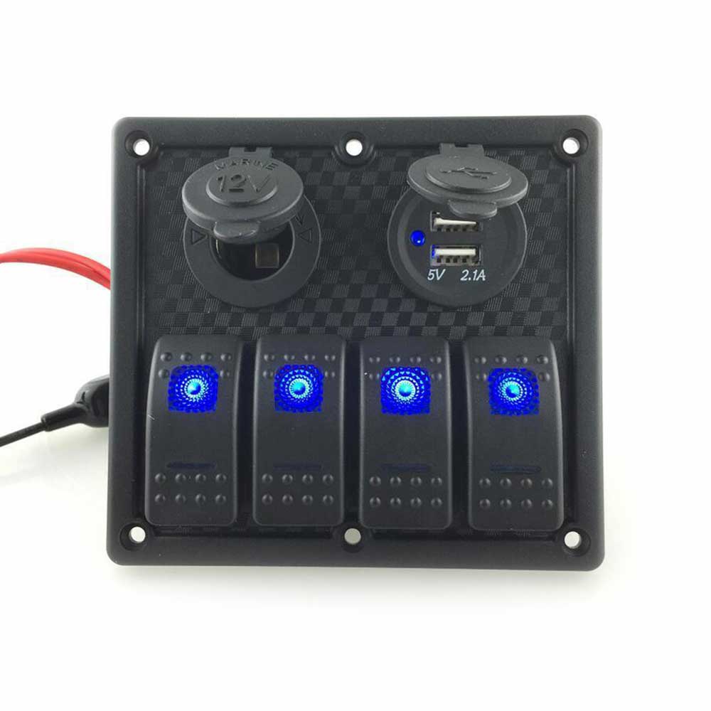 Interruptor de controle de energia do carro à prova d\'água para barcos RVs Interruptor de painel de 4 vias com carregador de carro USB duplo isqueiro soquete LED azul