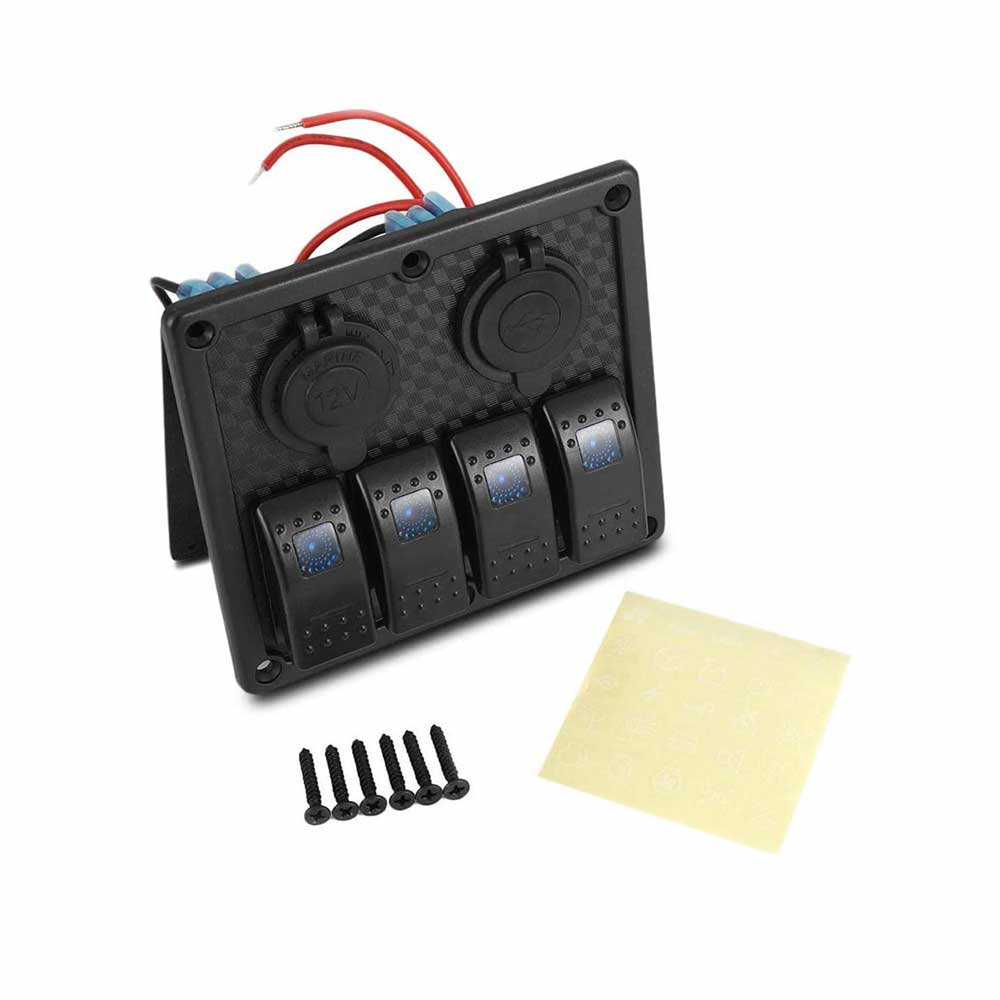 Wasserdichter Kfz-Leistungsschalter für Wohnmobile, Boote, 4-Wege-Panel-Schalter mit Dual-USB-Autoladegerät, Zigarettenanzünder-Buchse, blaue LED