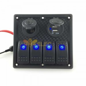 Waterproof Car Power Control Switch for RVs Boats 4 Way Panel Switch with Dual USB Car Charger Cigarette Lighter Socket Blue LED