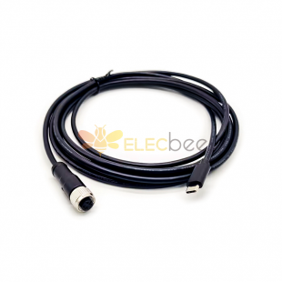 Cable Adaptador M12 4Pin A Código Hembra a USB 2.0 Tipo C Macho Montaje 3 Metros AWG26