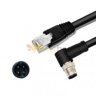 M12 4-pin A Code ذكر بزاوية إلى RJ45 Male High Flex Cat6 Industrial Ethernet Cable PVC أسود