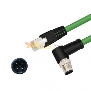 M12 4-pin A Code ذكر بزاوية إلى RJ45 Male High Flex Cat6 Industrial Ethernet Cable PVC Green