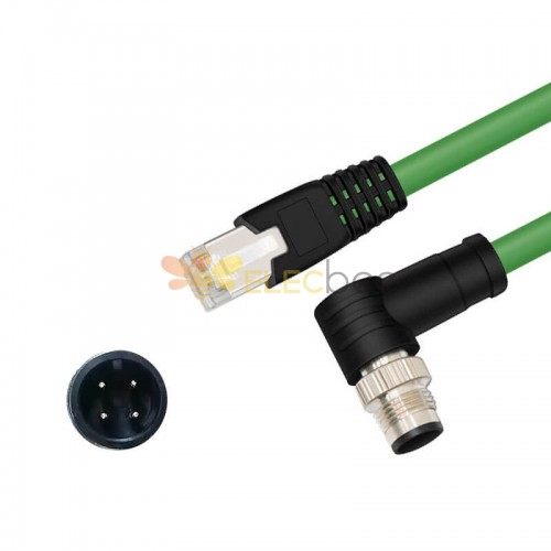 M12 4-pin A Code Male Angled to RJ45 Male High Flex Cat6 Industrial Ethernet Cable PVC Green