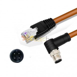M12 4-pin A Code Male Angled to RJ45 Male High Flex Cat6 Industrial Ethernet Cable PVC Orangle