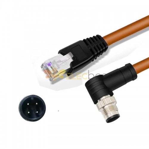 M12 4-poliger A-Code-Stecker abgewinkelt auf RJ45-Stecker, hochflexibles Cat6-Industrie-Ethernet-Kabel, PVC, Orange