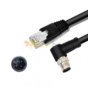 M12 4-pin D-Code Male Angled to RJ45 Male High Flex Cat6 Industrial Ethernet Cable PVC Twisted Pair Cable Black
