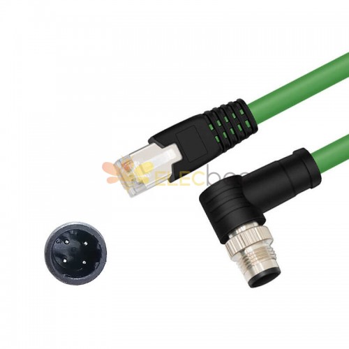 M12 4-pin D-Code Macho en ángulo a RJ45 Macho High Flex Cat6 Cable Ethernet industrial Cable de par trenzado de PVC Verde