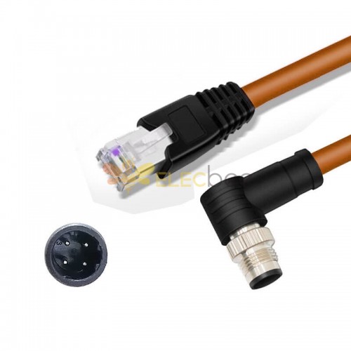 M12 4-poliger D-Code-Stecker abgewinkelt auf RJ45-Stecker, hochflexibles Cat6-Industrie-Ethernet-Kabel, PVC-Twisted-Pair-Kabel, Orange