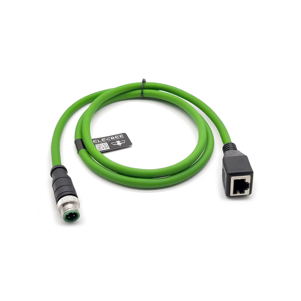 M12 4-poliger D-Code-Stecker auf RJ45-Buchse, hochflexibles Cat6-Industrie-Ethernet-Kabel, PVC