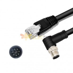 M12 8-pin A Code ذكر بزاوية إلى RJ45 Male High Flex Cat6 Industrial Ethernet Cable PVC أسود