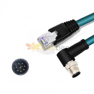 M12 8-pin A Code Male Angled to RJ45 Male High Flex Cat6 Industrial Ethernet Cable PVC Dark Green
