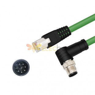 M12 8-контактный штекер A, кодовый, под углом к ​​RJ45, штекер, High Flex Cat6, промышленный кабель Ethernet, ПВХ, зеленый