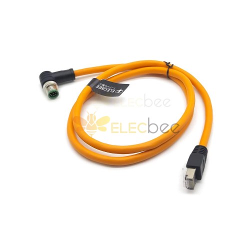 M12 8-pin A Code Male Angled to RJ45 Male High Flex Cat6 Industrial Ethernet Cable PVC Orange