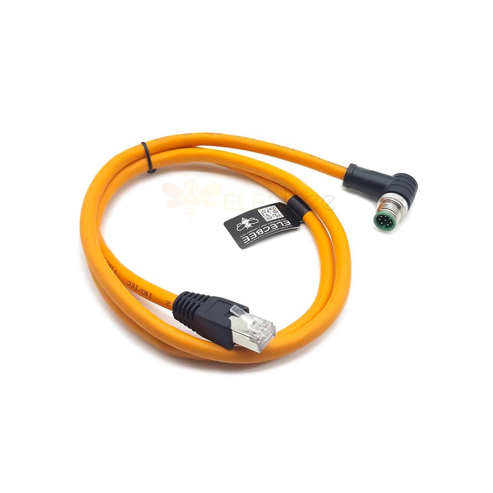 M12 8-pin A Code Male Angled to RJ45 Male High Flex Cat6 Industrial Ethernet Cable PVC Orange