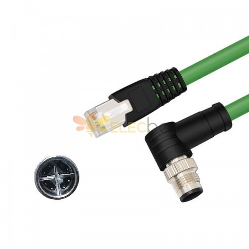 M12 8-pin X-Code Male Angled to RJ45 Male High Flex Cat6 Industrial Ethernet Cable PVC Twisted Pair Cable Green