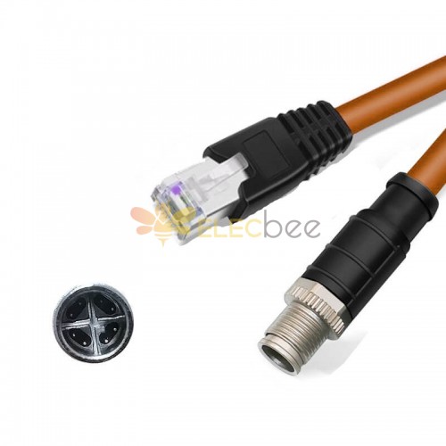 M12 8-pin X-Code Male Angled to RJ45 Male High Flex Cat6 Industrial Ethernet Cable PVC Twisted Pair Cable Orange