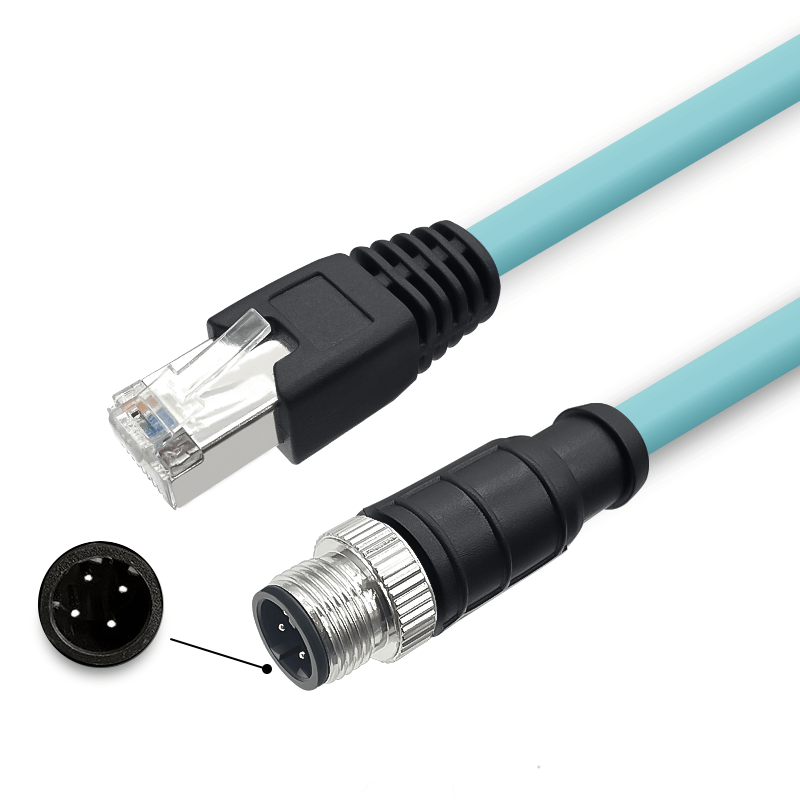 M12 D-kodierter 4-poliger Stecker auf hochflexibles RJ45-Gigabit-Ethernet-Schnittstellenkabel mit Cat7-Abschirmung