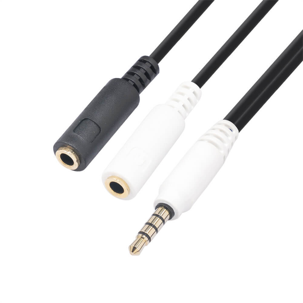 3,5-mm-Stereo-Audio-Y-Splitterkabel, 4-poliger Stecker auf 2-Buchse-Anschluss, Audio-Stereokabel, Dual-Kopfhöreranschluss-Adapter, 0,2 m