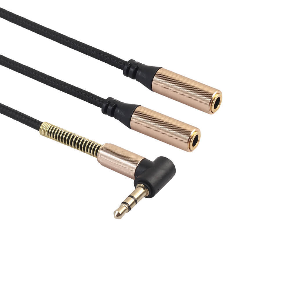 Позолоченный 90-градусный правый кабель, угол 3,5 мм, штекер и 2 гнезда, разъем для наушников, аудио, стерео, Y, разветвитель, кабель-адаптер, 0,3 м