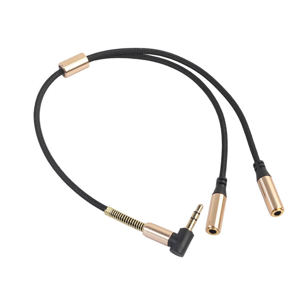 Vergoldetes 90-Grad-Rechts-Cabletolink-Winkel 3,5-mm-Stecker auf 2-Buchse-Kopfhörer-Audio-Stereo-Y-Splitter-Adapterkabel 0,3 m