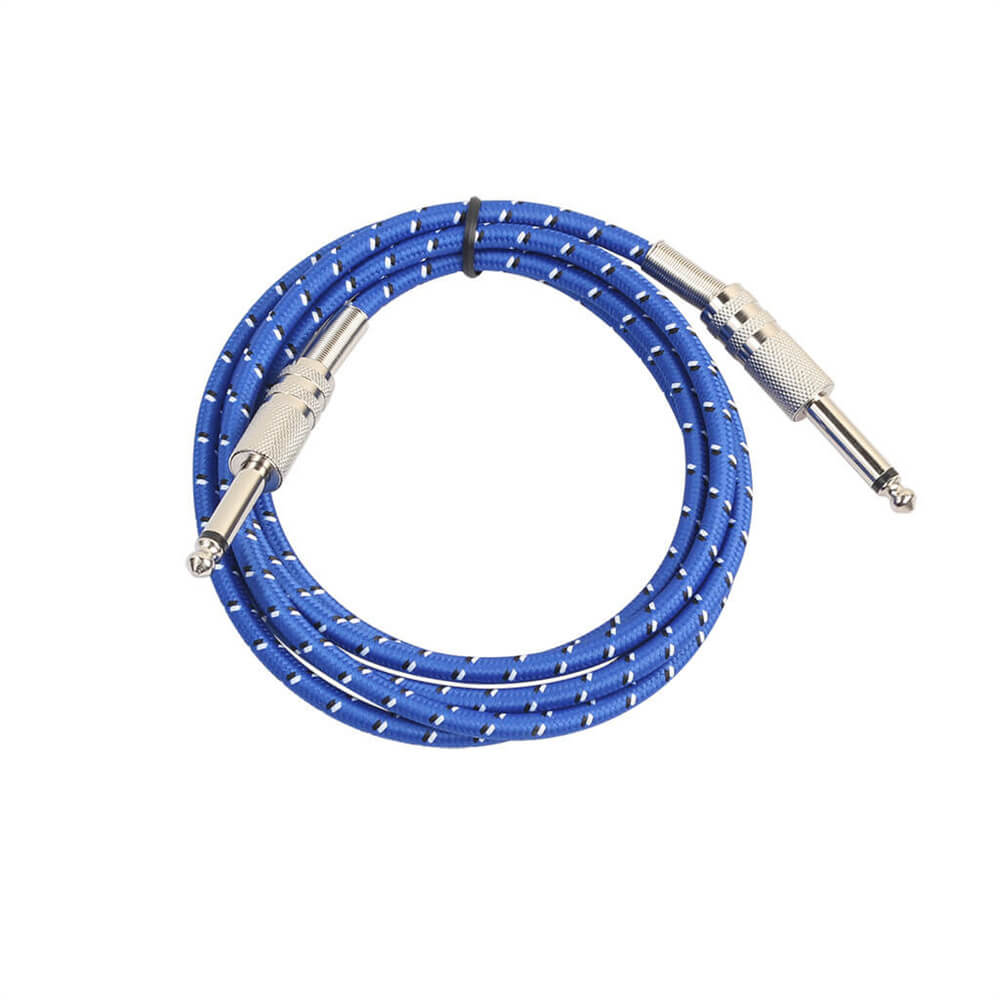 蓝色纤维网带屏蔽单声道双头6.35 TS 1/4英寸电吉他音频线1m