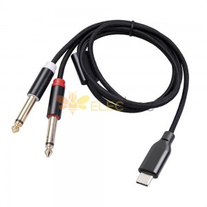 Cabo de áudio estéreo USB C macho para 2 machos 6,35 mm Trs 1M