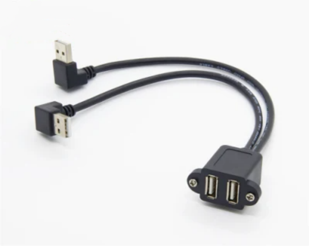 USB 2.0 Type A型双母头面板式安装转Type A型弯公头2转2 数据延长线转接线 30厘米